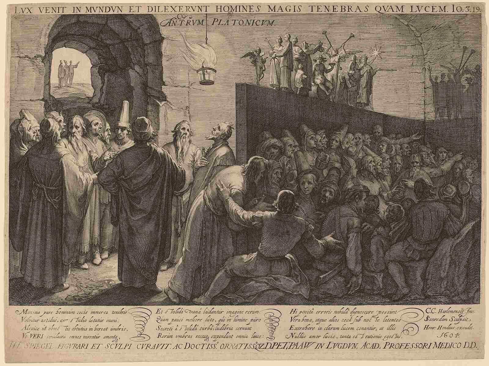 Engraving of prisoners and shadows in Plato's allegorical cave